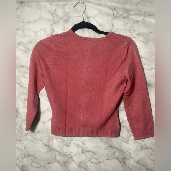 100% Cashmere Dusty Rose Crystal Button Dainty Ribbon 3/4 sleeve Cardigan XS - Picture 2 of 7